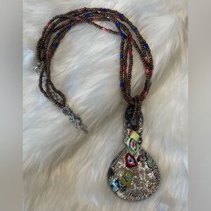 Vtg 3 strand necklace with modernist teardrop dichroic glass pendant multicolor